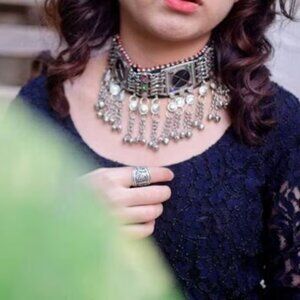 Black Stone Choker, Handmade Afghan Choker with Stones and Silver Beads, Kuchi